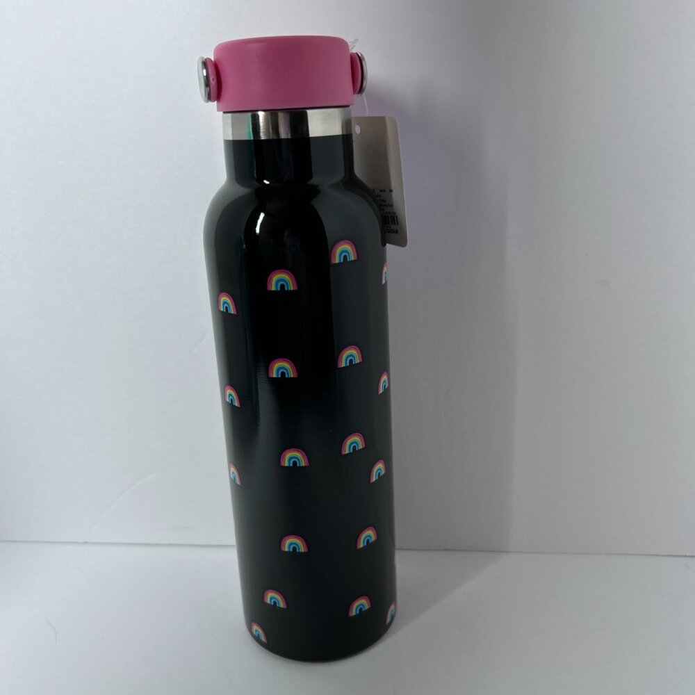 Claire’s Girls 20oz Stainless Steel Water Bottle Optimist Black Pink Rainbow NWT - Picture 5 of 10